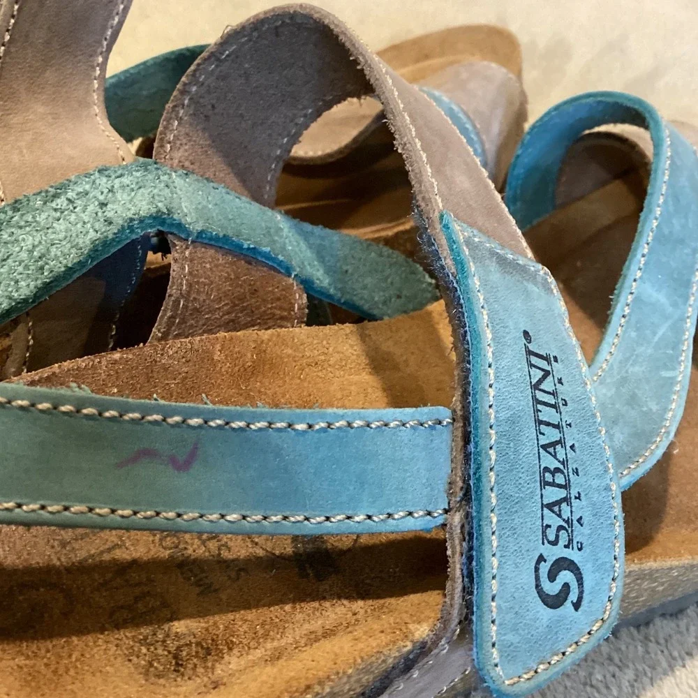 SABATINI Calzature Beige/Light Teal Leather Wedge Sandal, Women EU 39/US 8/UK 6